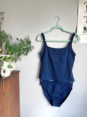 Vintage Nautica Navy Ribbed Tankini Top and High-Waist Briefs